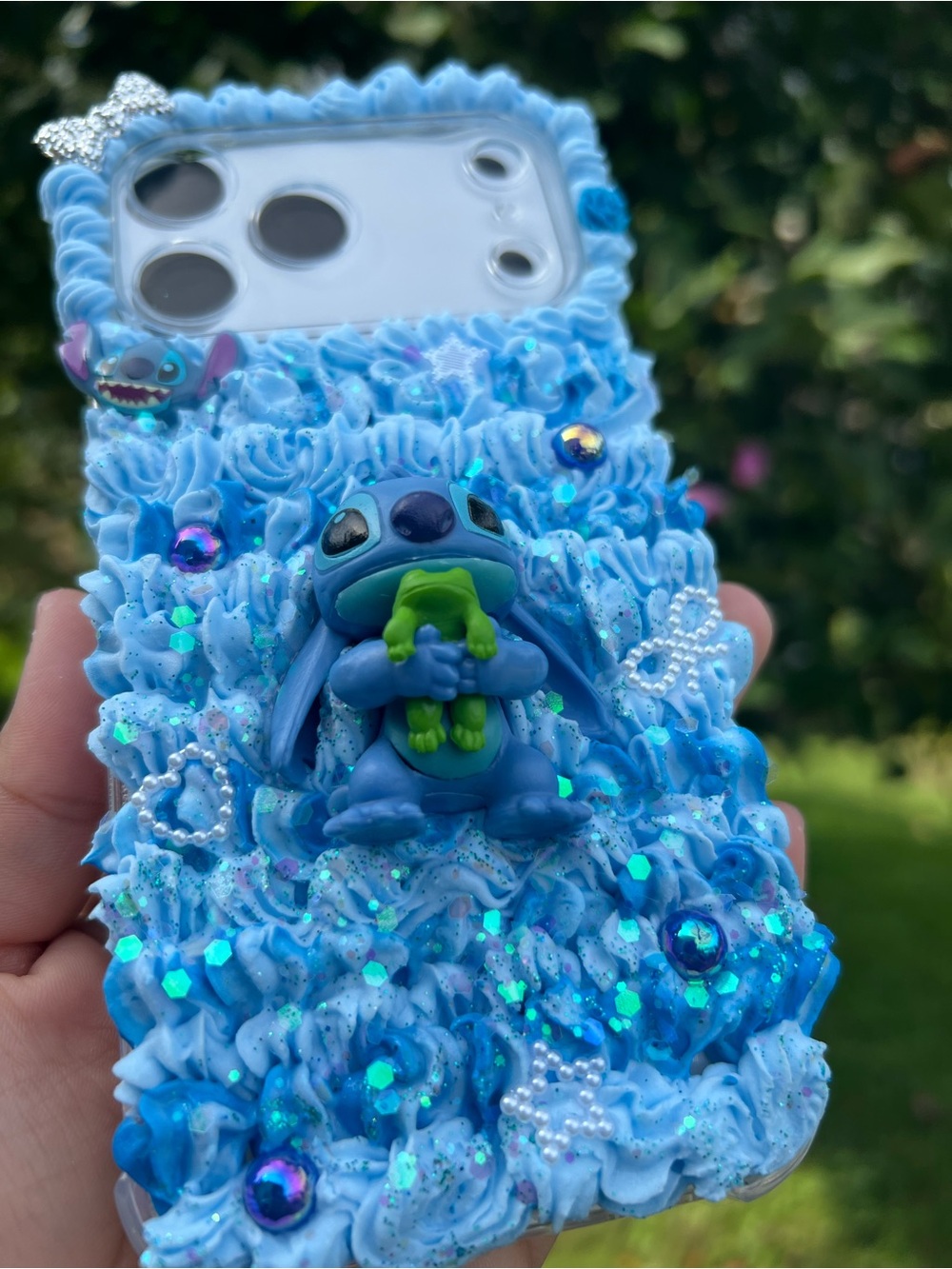 Disney Blue 3D Stitch Decorative Phone Case with Glitter Accents
